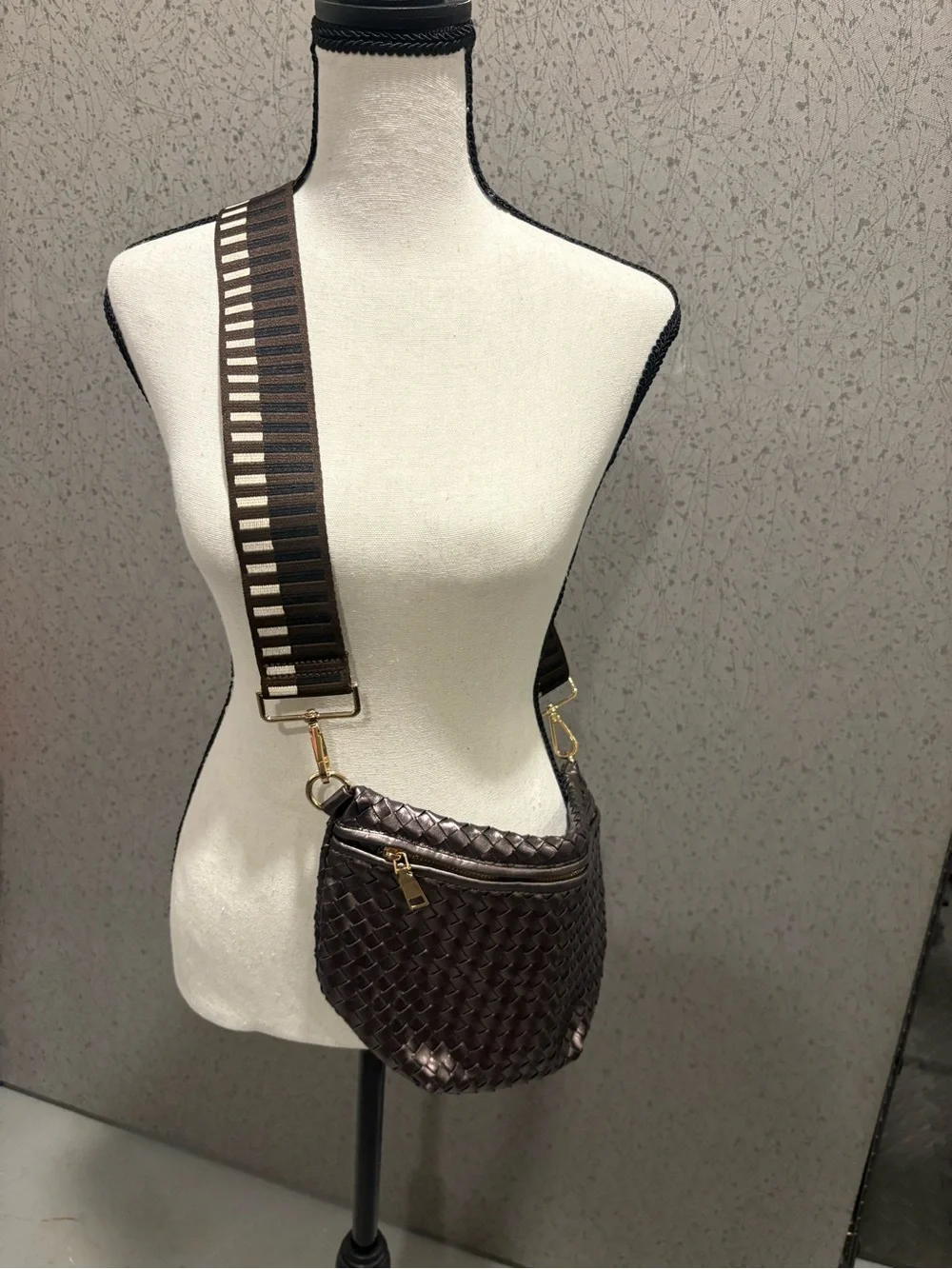Woven Crossbody Bag with Wide Strap - Brown